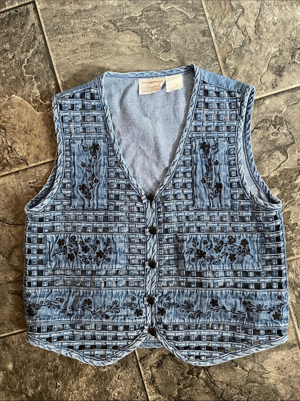TRADITION Vintage Sleeveless Denim Cutout Embroidered Cottagecore Retro 90s Vest